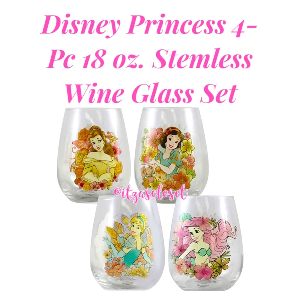 Disney Princess Floral Glass Tumbler Set NWT Snow White Cinderella Belle Ariel